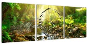 Obraz rieky v zelenom lese (s hodinami) (90x30 cm)