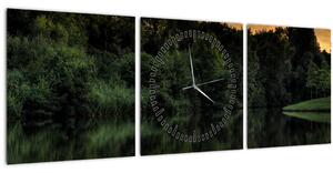 Obraz jazera pri lese (s hodinami) (90x30 cm)