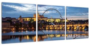 Obraz Pražského hradu a Karlovho mosta (s hodinami) (90x30 cm)