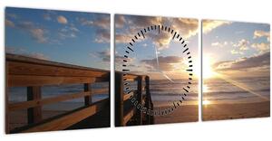 Obraz móla, pláže a more (s hodinami) (90x30 cm)