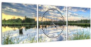 Obraz jazera s tŕstím (s hodinami) (90x30 cm)