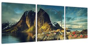 Obraz rybárskej dediny v Nórsku (s hodinami) (90x30 cm)
