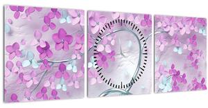 Obraz kvetov na striebornom kmeni - abstrakt (s hodinami) (90x30 cm)