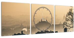 Obraz - Mesto pod hmlou (s hodinami) (90x30 cm)