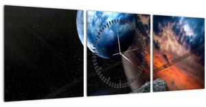 Obraz planéty vo vesmíre (s hodinami) (90x30 cm)