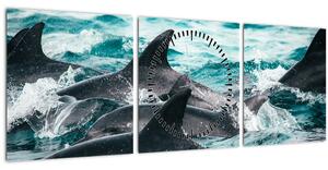 Obraz - Delfíny v oceáne (s hodinami) (90x30 cm)