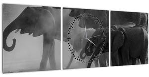 Obraz slonov - čiernobiely (s hodinami) (90x30 cm)