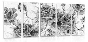 5-dielny obraz vintage kytica ruží v čiernobielom prevedení