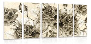 5-dielny obraz vintage kytica ruží v sépiovom prevedení