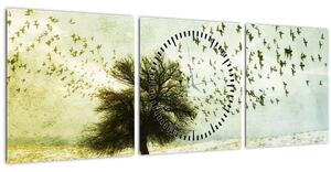Obraz - Maľovaný kŕdeľ vtákov (s hodinami) (90x30 cm)