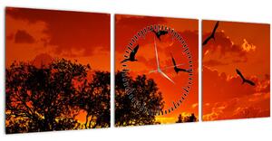 Obraz vtákov pri západe slnka (s hodinami) (90x30 cm)