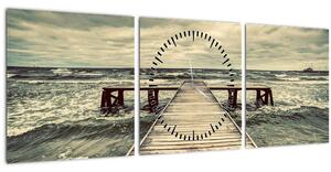 Obraz dreveného móla na mori (s hodinami) (90x30 cm)