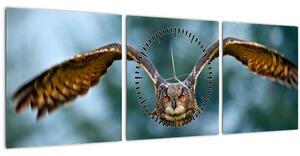 Obraz - Sova pri lete (s hodinami) (90x30 cm)