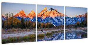 Obraz zasnežených horských štítov (s hodinami) (90x30 cm)