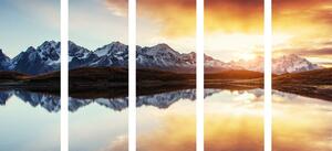 5-dielny obraz oslnivý západ slnka nad horským jazerom
