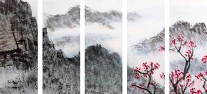 5-dielny obraz čínska krajina v hmle