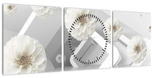 Abstraktný obraz s belostnými kvetmi (s hodinami) (90x30 cm)