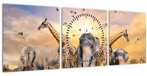 Obraz - Africké zvieratá (s hodinami) (90x30 cm)