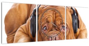 Obraz psa so slúchadlami (s hodinami) (90x30 cm)