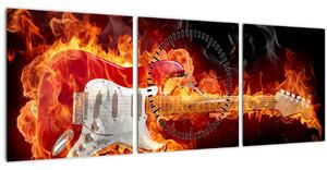 Obraz - Gitara v plameňoch (s hodinami) (90x30 cm)