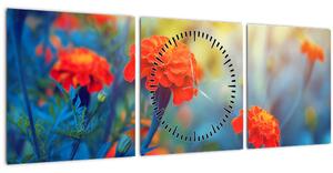 Obraz - Oranžové kvety (s hodinami) (90x30 cm)