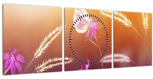 Obraz - Ružový motýľ (s hodinami) (90x30 cm)