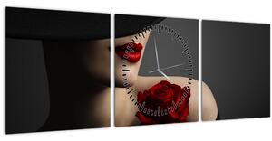 Obraz - Žena s ružou (s hodinami) (90x30 cm)