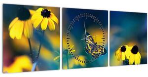 Obraz - Žltý motýľ s kvetmi (s hodinami) (90x30 cm)
