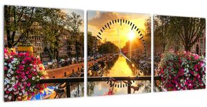 Obraz - Východ slnka v Amsterdame (s hodinami) (90x30 cm)