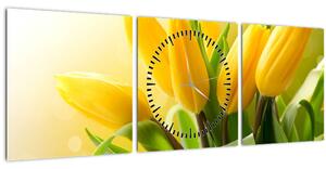 Obraz - Žlté tulipány (s hodinami) (90x30 cm)