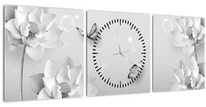 Obraz - Kvetinový dizajn s motýlikmi (s hodinami) (90x30 cm)