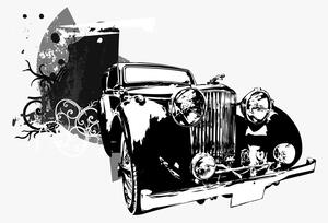 Obraz čiernobiele retro auto s abstrakciou
