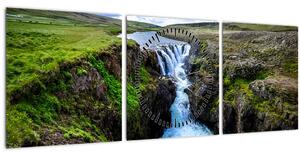 Obraz vodopádu medzi skalami (s hodinami) (90x30 cm)