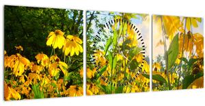 Obraz žltých kvetov (s hodinami) (90x30 cm)