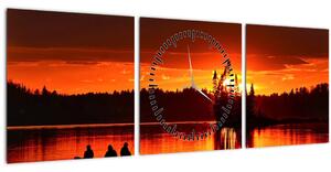 Obraz - Rybári na jazere (s hodinami) (90x30 cm)