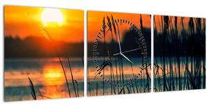 Obraz - Západ slnka nad jazerom (s hodinami) (90x30 cm)
