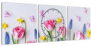 Obraz jarných kvetov (s hodinami) (90x30 cm)