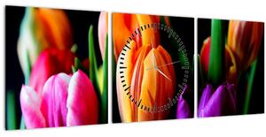 Obraz tulipánov na čiernom pozadí (s hodinami) (90x30 cm)