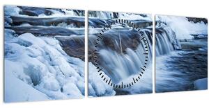 Obraz rieky v zime (s hodinami) (90x30 cm)