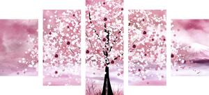 5-dielny obraz volavky pod magickým stromom v ružovom prevedení