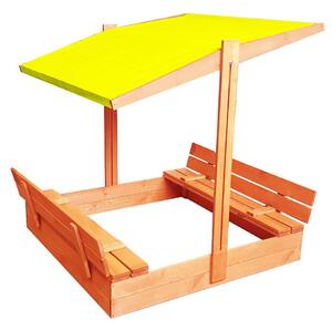 Zatvárateľné pieskovisko s lavičkami a strieškou žltej farby 120 x 120 cm Žltá