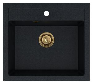 Sink Quality Ferrum, kuchynský granitový drez 565x510x205 mm + zlatý sifón, čierna škvrnitá-Brocade, SKQ-FER.B.1K60.XG
