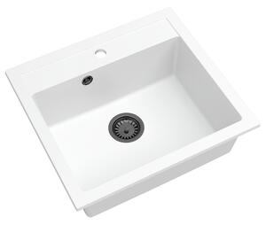Sink Quality Ferrum, kuchynský granitový drez 565x510x205 mm + čierny sifón, biela, SKQ-FER.W.1K60.XB