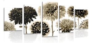 5-dielny obraz kvety dálie v rozmanitom dizajne v sépiovom prevedení