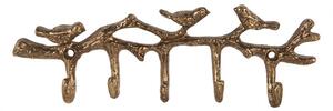 Zlatý antik nástenný kovový vešiak s 5timi háčikmi a vtáčikmi - 18*2*6 cm - Clayre & Eef