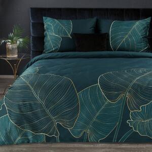 Kvalitné tmavo tyrkysové bavlnené posteľné obliečky so zlatými listami Tyrkysová