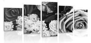 5-dielny obraz kytica ruží v retro štýle v čiernobielom prevedení