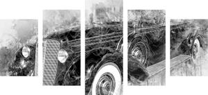 5-dielny obraz historické retro auto v čiernobielom prevedení