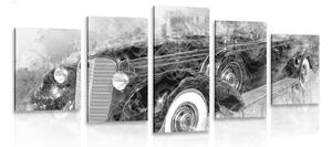 5-dielny obraz historické retro auto v čiernobielom prevedení
