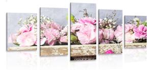 5-dielny obraz kvety karafiátu v drevenej bedničke